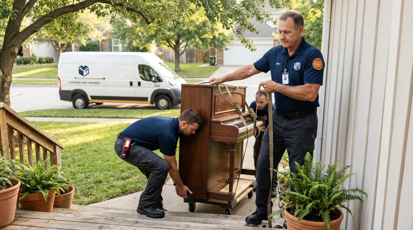 Licensed piano movers securing grand piano in Madawaska, ME