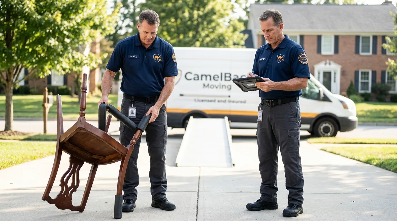 Movers inspecting furniture for damage prevention before loading in Madawaska, ME