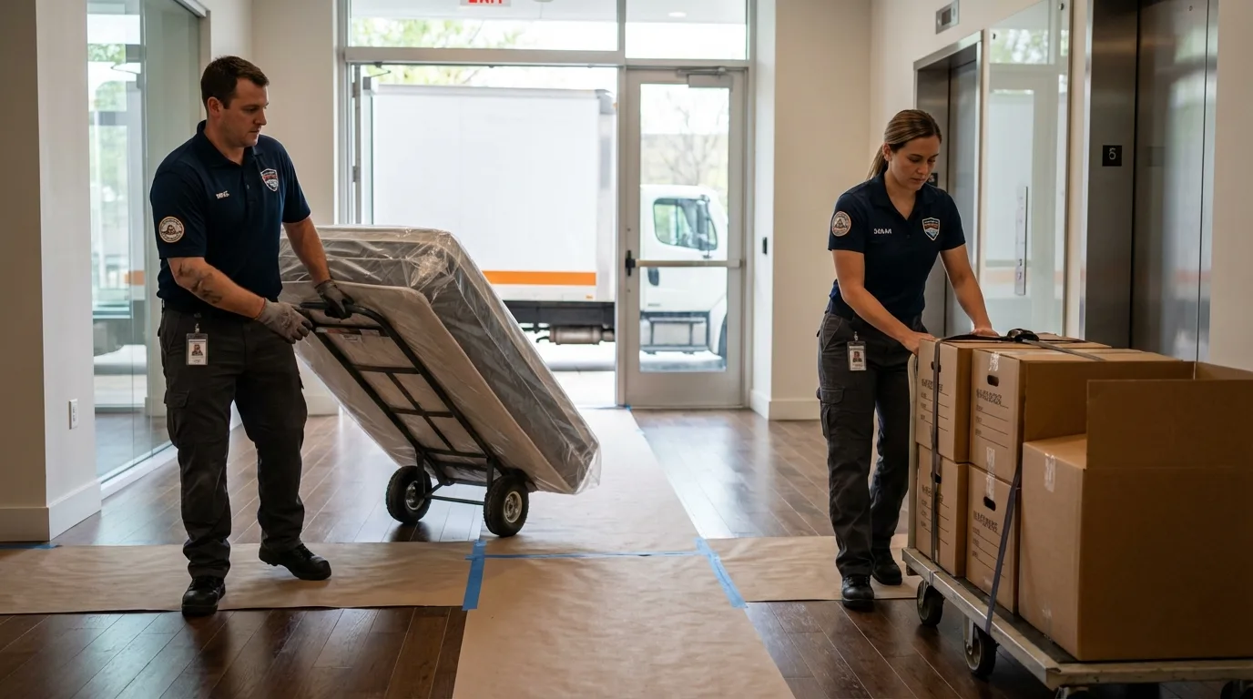 Professional apartment movers loading elevator in Madawaska, ME