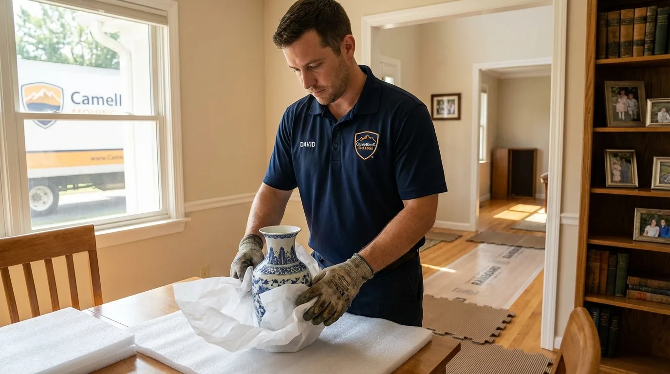 Professional crew carefully wrapping antique vase for senior downsizing move in Madawaska, ME